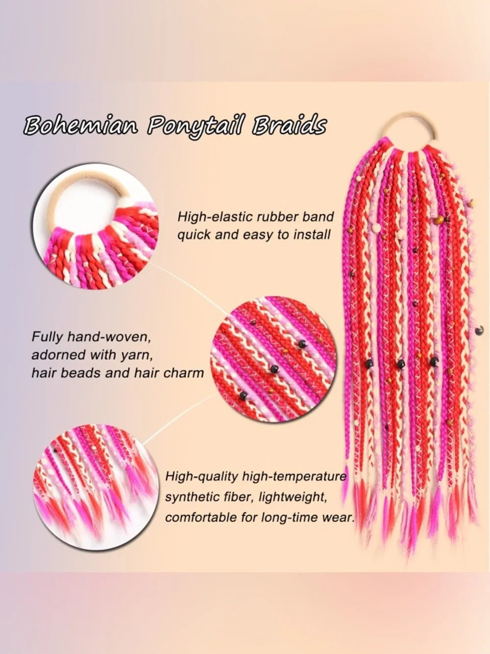 Boho Braided Ponytail Hair Extensions with Beads, Festival Pink Blend